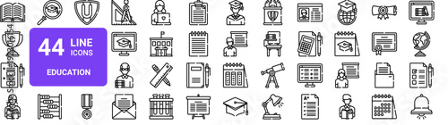 Set of 44 thin line education icons including book, cup, test, graduation, elearning symbols. Vector outline illustration pack for web design