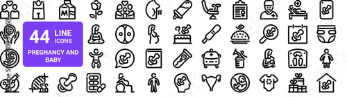 Set of 44 thin line pregnancy and maternity icons. Couple, newborn, embryo, hospital, baby care topics. Vector illustration pack