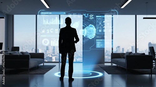 Silhouette of a businessman interacting with a holographic user interface in a modern office overlooking a city skyline