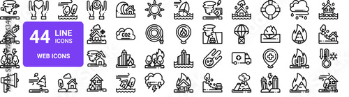 Set of 44 thin line icons. Weather, environment, city, emergency, nature. Outline vector illustration pack for web and app design