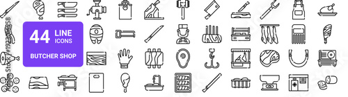 Set of 44 thin line butcher shop icons. Meat, sausages, fillet, cooking tools, kitchen equipment. Vector illustration with editable stroke