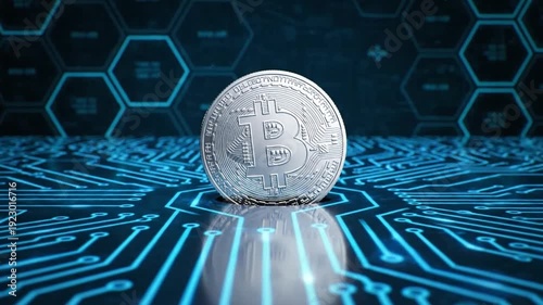 Silver Bitcoin coin on glowing blue circuit board with abstract digital hexagonal background