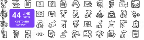 Set of 44 thin line customer support and help icons. Technical support, FAQ, chatbot, feedback, troubleshooting. Outline vector illustration pack