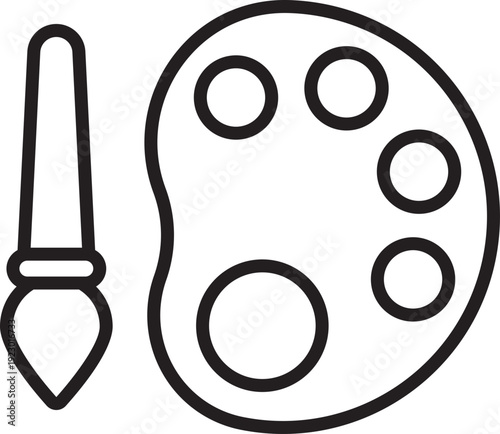 Black palette and brush icon Artist palette and paint brush vector icons — creative painting tools clip art set isolated on white background, black silhouette icon of artist's paint palette and brush,