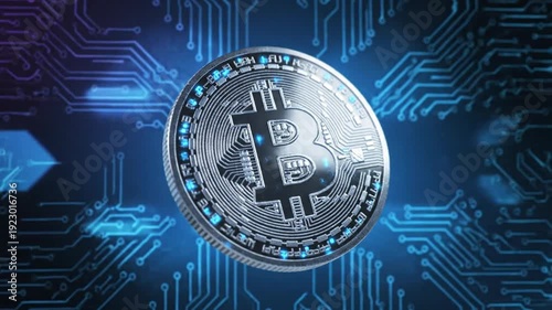Silver Bitcoin cryptocurrency coin on a futuristic blue digital circuit board background with a glowing arrow