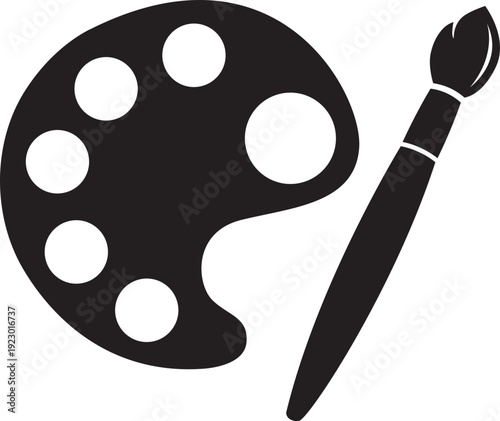 Black palette and brush icon Artist palette and paint brush vector icons — creative painting tools clip art set isolated on white background, black silhouette icon of artist's paint palette and brush,