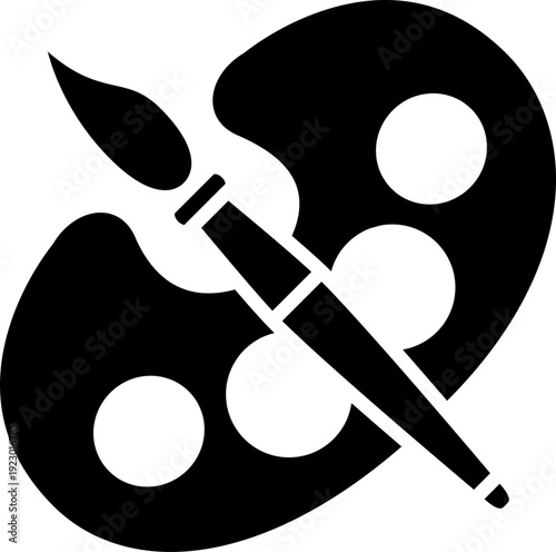 Black palette and brush icon Artist palette and paint brush vector icons — creative painting tools clip art set isolated on white background, black silhouette icon of artist's paint palette and brush,