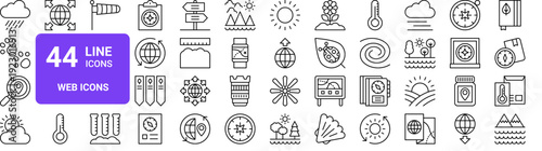 Set of 44 thin line web icons including weather, nature, navigation and science symbols. Editable stroke vector illustration pack for UI and web design