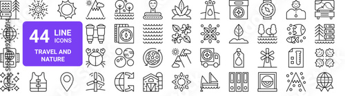 Set of 44 thin line vector icons for travel, nature and outdoor topics. Outline style web symbols pack including national park, passport, compass and worldwide maps