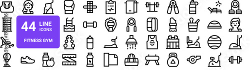 Set of 44 thin line fitness gym icons. Equipment, workout gear, accessories vector illustration. Includes treadmill, weights, boxing gloves, yoga mat, water bottle