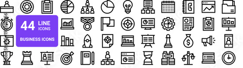 Set of 44 thin line business and office icons. Boss, chronometer, carpet, target, trophy, rocket, calendar, clock. Vector illustration pack