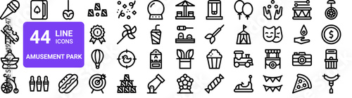 Set of 44 thin line amusement park and circus icons. Ferris wheel, roller coaster, ice cream, games. Vector outline illustration pack for web design