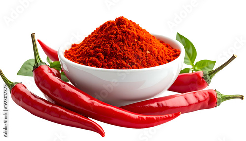 Red chili peppers surround a white bowl of red chili powder with green leaves