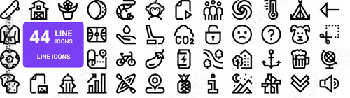 Set of 44 thin line icons for web and app design. Sports, nature, objects, and symbols. Vector illustration in outline style with editable stroke