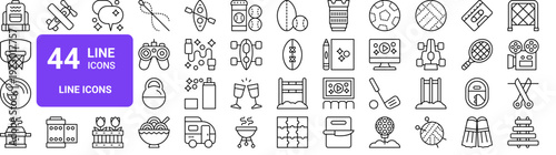Set of 44 thin line icons for web and app design. Sports, hobbies, entertainment, travel, technology themes. Vector outline illustration pack