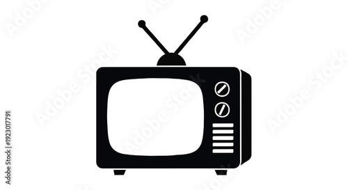 Retro vintage television set with antennae isolated on white background, old classic TV with dials and buttons, nostalgic media technology