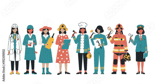 Diverse professional women in various occupations and uniforms standing together