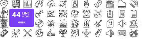 Set of 44 thin line music icons. Guitar, piano, microphone, headphones, vinyl, speaker, amplifier pack. Vector illustration