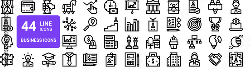Set of 44 thin line business and office icons including hourglass, cv, idea, chart, laptop, handshake, trophy, meeting, target, buildings, contract, calculator, strategy, growth