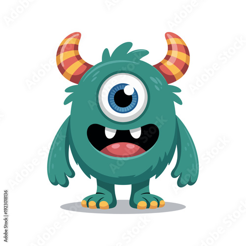 A cartoon monster with one eye and colorful horns standing alone