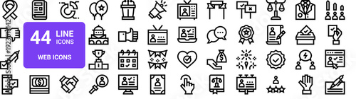 Set of 44 thin line web icons including ribbon, dislike, check, vote, rating, campaign, and more. Vector outline illustration pack