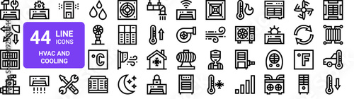 Set of 44 thin line air conditioning and climate control icons. HVAC, cooling, heating, ventilation. Vector illustration with editable stroke