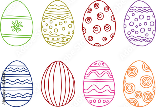 Collection of colorful hand drawn outline easter eggs with various decorative patterns