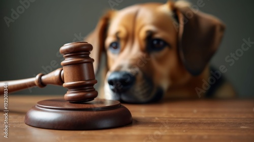 Sad dog looking at wooden gavel in a courtroom setting