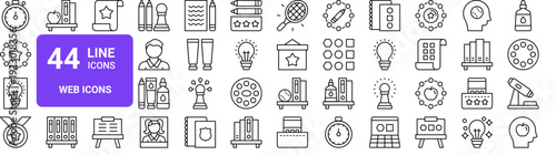 Set of 44 thin line web icons with stopwatch, medal, idea, education, sports and office topics. Outline vector illustration pack