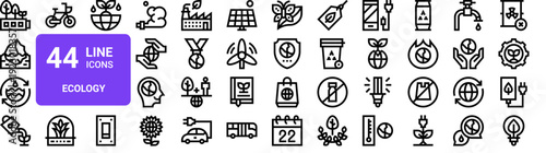 Set of 44 thin line ecology and sustainability icons including battery, recycle, solar panel, electric car, water, energy. Vector outline illustration pack