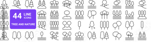 Set of 44 thin line tree icons. Forest, nature, plant, botanical outline symbols. Vector illustration pack for web and app design