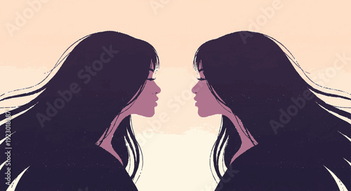 Two women facing each other in profile long hair pinkish beige background silhouette illustration