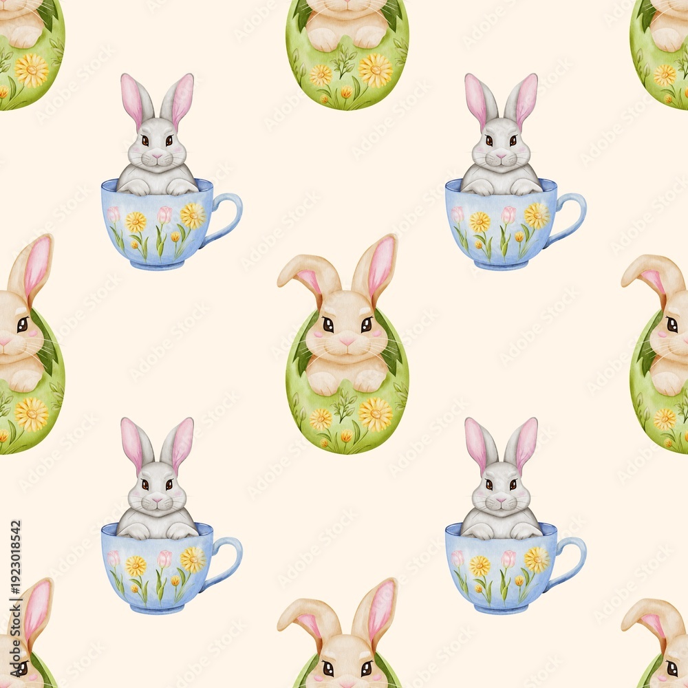 Fototapeta premium Seamless Watercolor Easter Pattern with Bunny, Eggs and Spring Flowers