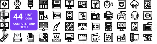 Set of 44 thin line computer technology icons. Processor, hard drive, monitor, motherboard, server, laptop, printer, camera, battery, workstation vector illustration