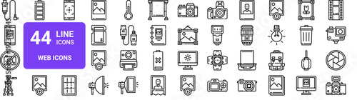 Set of 44 thin line web icons including camera, smartphone, cable, photo, battery, film, flash and more. Vector illustration in outline style