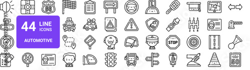 Set of 44 thin line automotive and traffic icons. Car parts, road signs, driving elements. Vector outline illustration pack for web and UI design