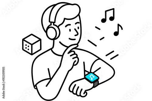 Young man enjoying music with headphones while interacting with smartwatch in a creative setting