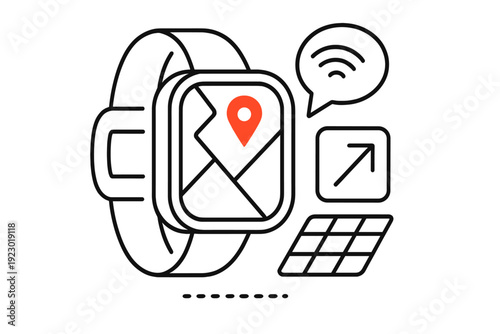 Smartwatch displaying location features with navigation symbols and connectivity indicators