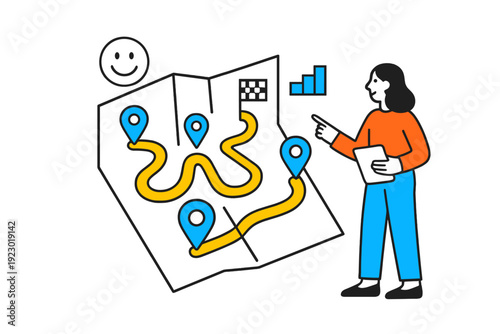 Exploring routes and planning journeys with maps and charts in an illustrated setting