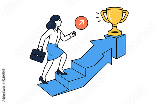 Individual climbing stairs toward a trophy, representing success and achievement in personal growth and career advancement