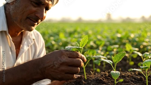 Smiling farmer caring for a small plant seedling in an agricultural field during golden morning light.