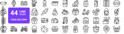 Set of 44 thin line food delivery icons. Fast food, restaurant menu, takeaway service symbols. Vector illustration with editable stroke