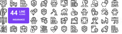 Set of 44 thin line insurance icons. Travel, car, home, life, pet insurance, padlock, security. Vector illustration with editable stroke