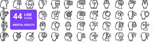 Set of 44 thin line mental health and psychology icons. Confusion, perfectionist, mind, brain, emotion topics. Outline vector illustration pack