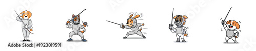 Fencing Cartoon Cute Dog Characters Practicing Sword Sport Vector Illustration Set