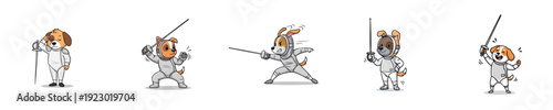 Fencing Mascot Playful Dog Characters Training Sword Sport Vector Collection