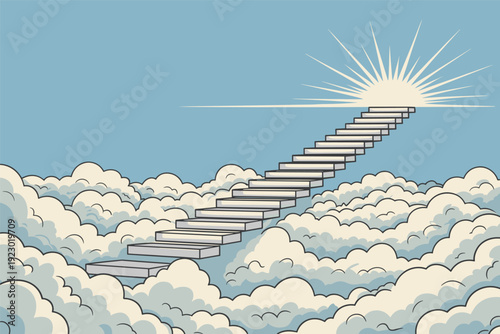 Stairway to success rising through clouds to sunny optimism