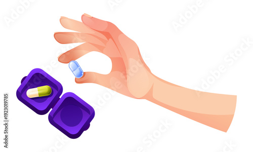 A small pillbox for pills and medications, with four compartments, a human hand sorting the pills. A plastic box, an organizer for distributing pills, top view.