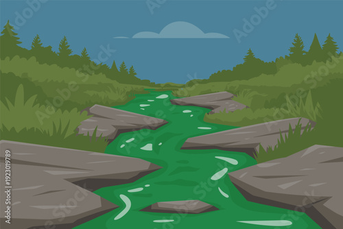 Serene forest stream with rocks and lush greenery under blue sky