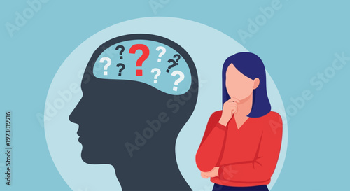 A woman contemplating with a silhouette head full of question marks beside her, illustrating confusion and thoughtfulness in a calm environment from a straightforward viewpoint